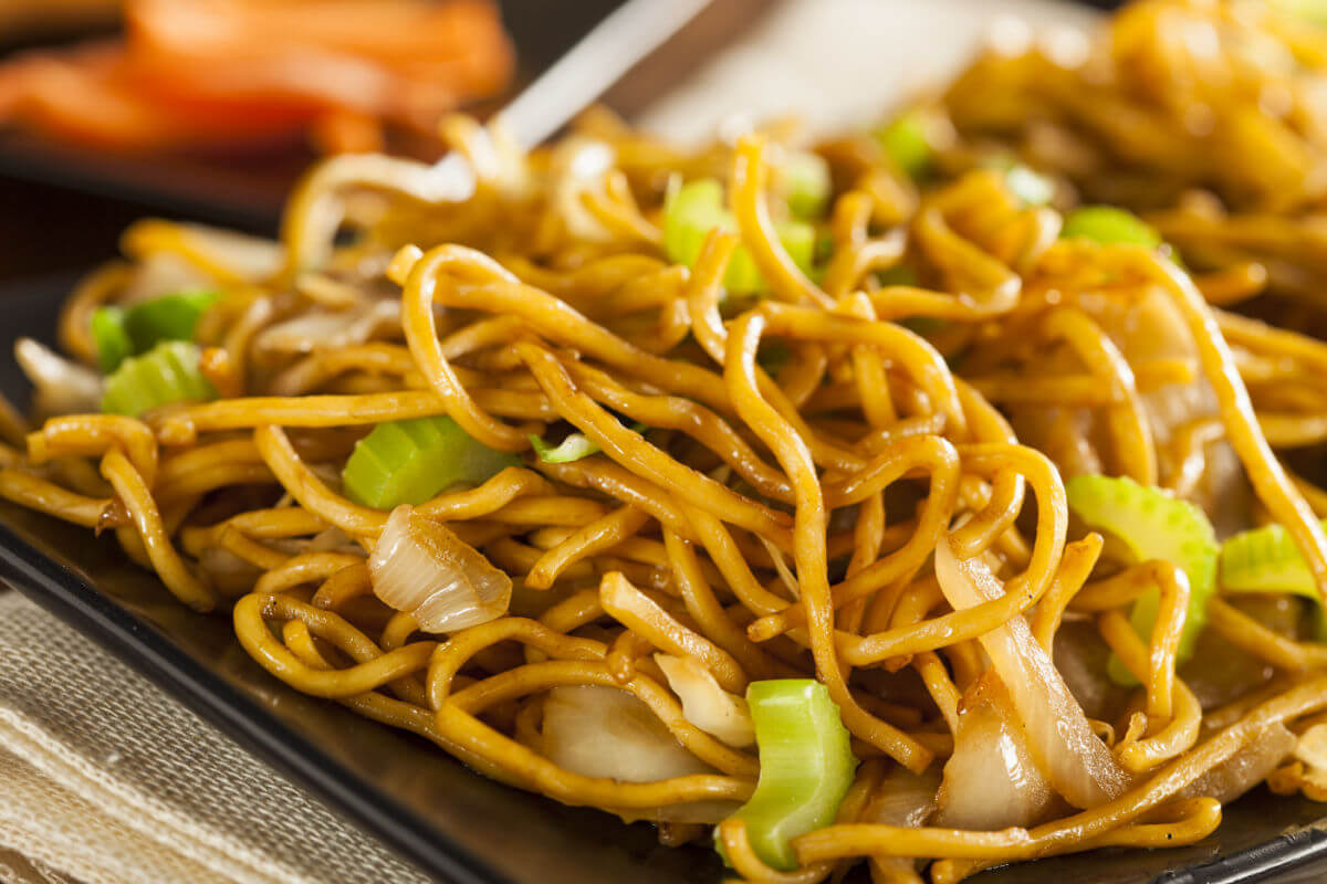 A brown plate of easy vegetable lo mein - better than take-out.