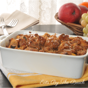 Crusty french toast casserole in a white baking dish