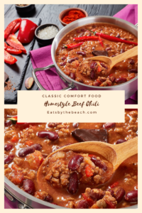 A pot of Homestyle Beef Chili, a classic comfort food.