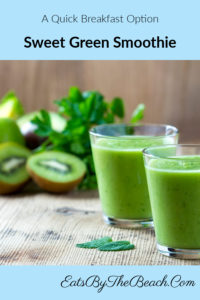 Glass of Sweet Green Smoothie with apple, kiwi, spinach, mint, avocado, and almond milk. This is a quick breakfast option by Eats By The Beach.