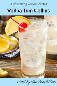 A Vodka cocktail of vodka, lemon juice, simple syrup, and soda. This Vodka Tom Collins is then garnished with a lemon slice and a maraschino cherry.