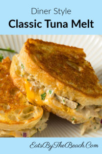 A classic tuna melt sandwich with cheese on buttery sourdough bread. A diner style sandwich that is the perfect comfort food.