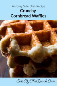 Plate of crunchy cornbread waffles. Cornbread that is baked in a waffle iron made by EatsByTheBeach.Com