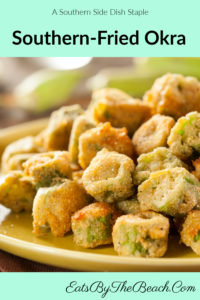 Southern-fried okra - sliced okra dipped in a buttermilk, hot sauce, and egg, then dredged in a crispy cornmeal, flour, and bread crumb coating and fried till golden brown.