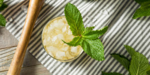 A crystal rocks glass with a Classic Mint Julep cocktail and garnished with fresh mint. It's the traditional cocktail of the Kentucky Derby and perfect for your parties!