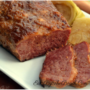 Platter of oven baked corned beef and cabbage