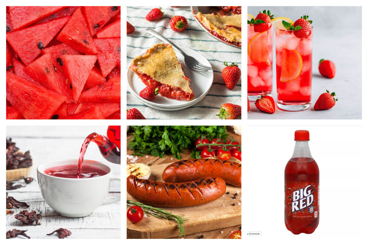 Collage of Juneteenth red foods-strawberries, watermelon, strawberry pie, hibiscus tea, red sausage links, Big Red Soda