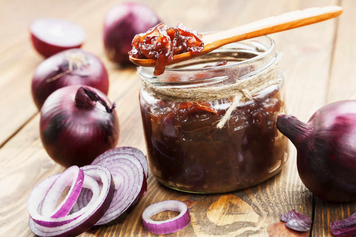 Jar of red onion sauce for NYC-style dirty water hot dogs