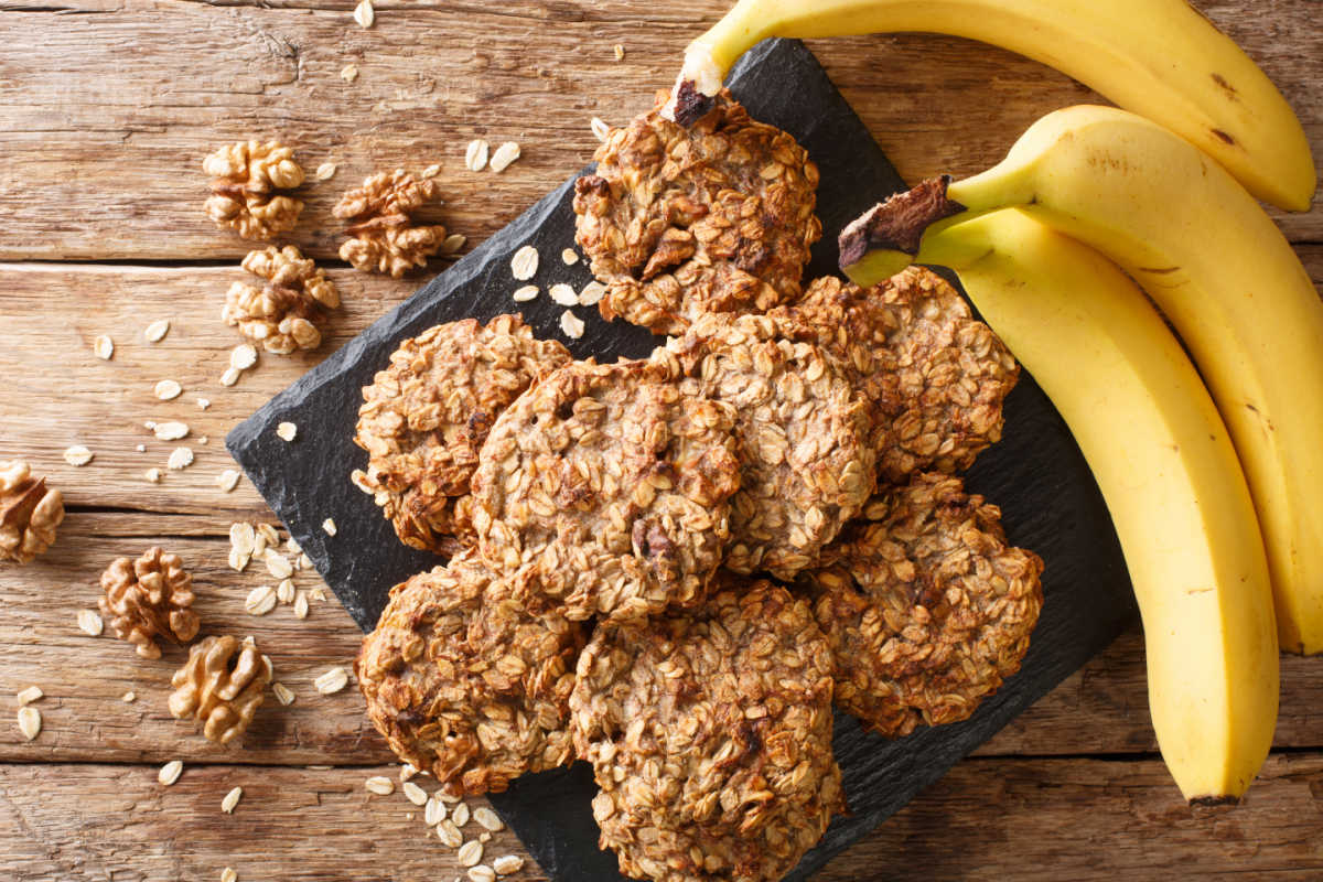 Black platter of homemade, healthy banana walnut breakfast cookies