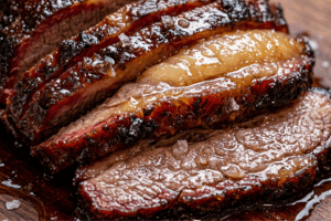 Close up view of glossy, juicy slices of oven roasted beef brisket.