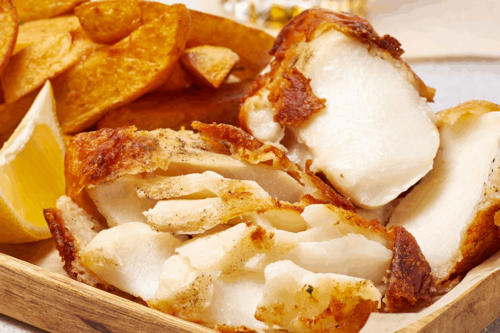 Close up of flaky inside of. beer battered piece of fried fish.
