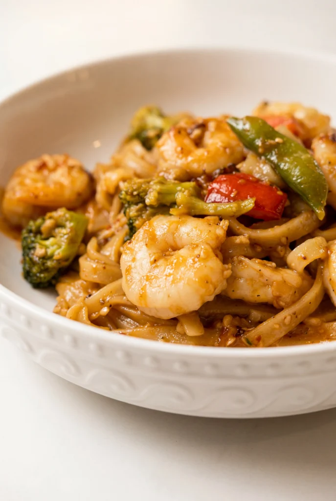 Close side view of a white bowl with a serving of Chili Garlic Shrimp And Vegetable Noodles. Spicy, plump shrimp in a garlicky, chili sauce, with rice noodles, and Asian vegetables.