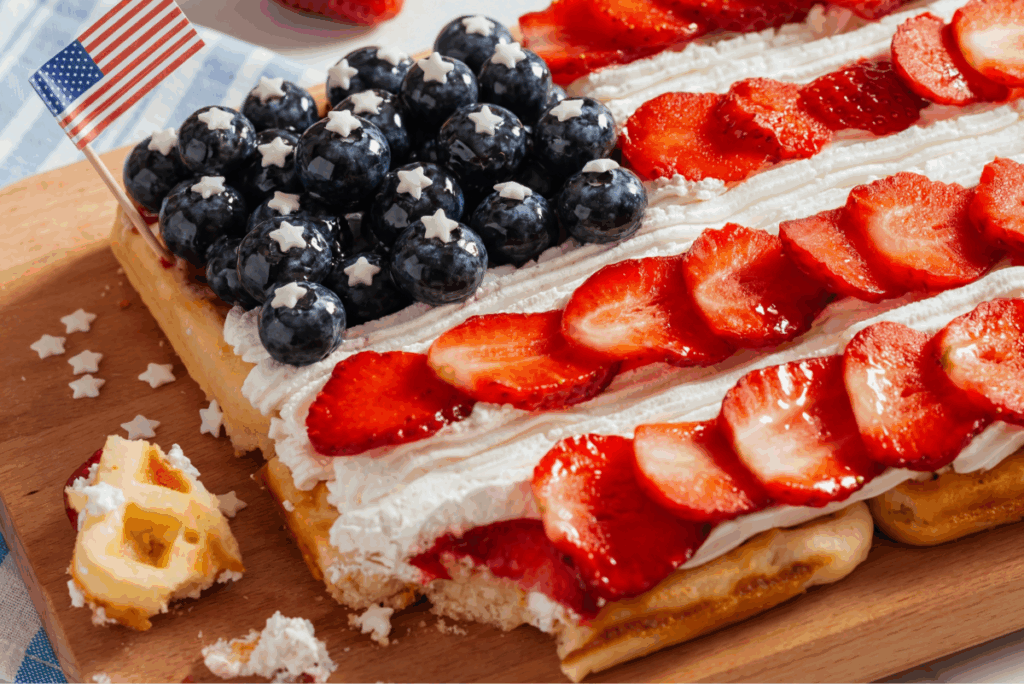 Wooden board with Patriotic Waffles. 4 homemade waffles with fresh blueberries, sliced strawberries , and whipped cream to make a flag. Perfect for the 4th of July.