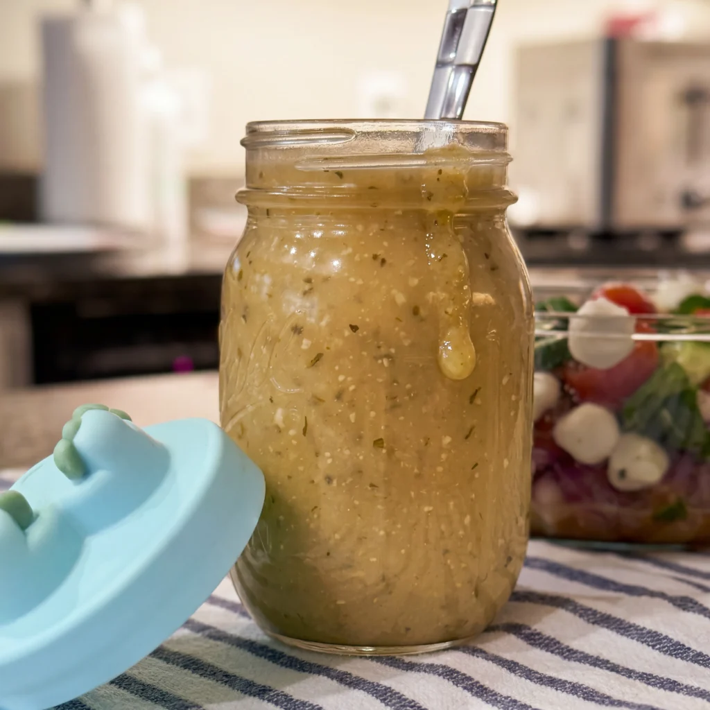 Closeup side view of a mason jar full of copycar Olive Garten Salad Dressing with a drip running down te side.